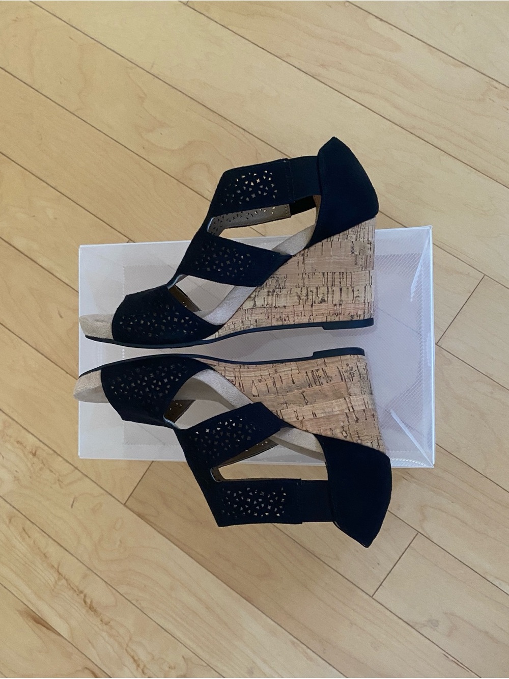 Life Stride Black Laser-Cut Cork Wedge Sandals - Picture 2 of 8